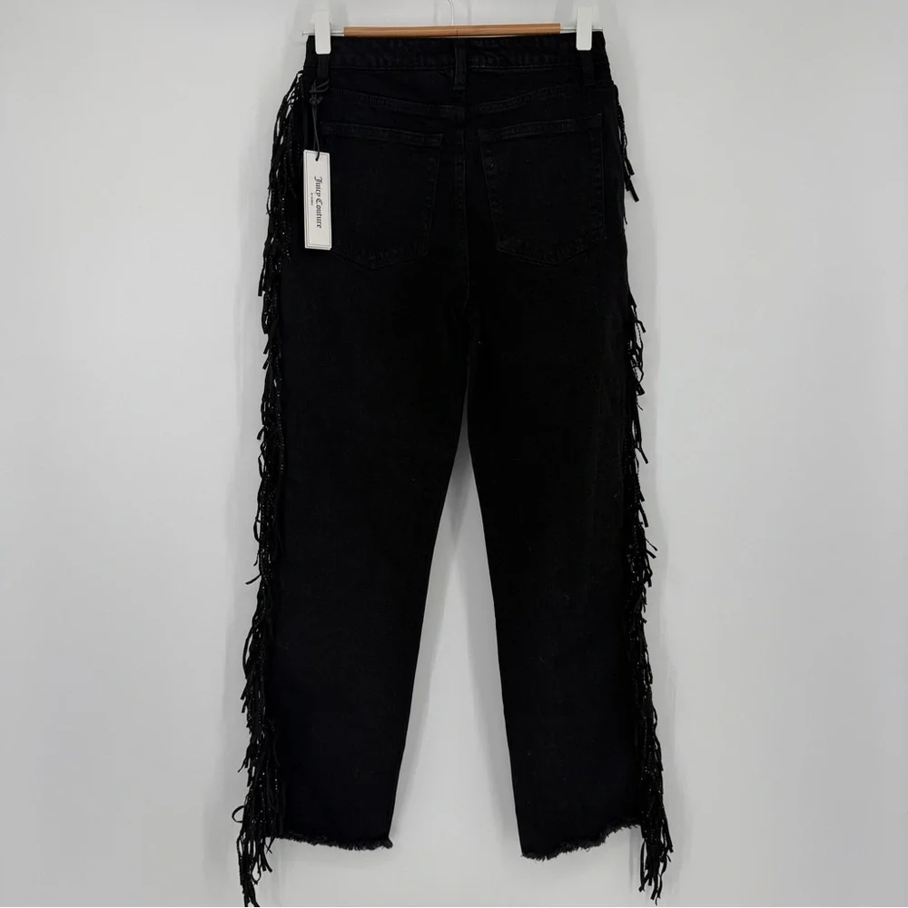 Juicy Couture Black Wash Sparkly Fringe Straight‎ Leg Jeans Size 28 Y2K